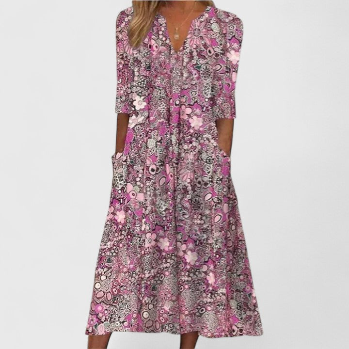 Elegant women's floral summer midi dress with a flattering fit, perfect for vacation, beach, or spring casual wear.