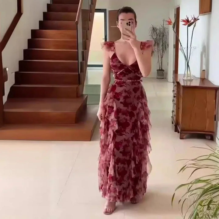 Elegant women's floral tiered maxi dress with romantic ruffles. Perfect V-neck long gown for garden parties & summer occasions.
