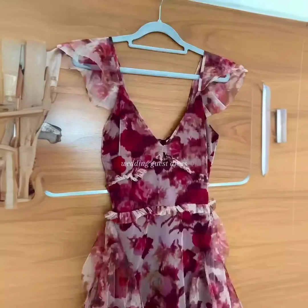Graceful women's floral print maxi dress, elegant ruffles, tiered design. Perfect long V-neck gown for evening & spring events.
