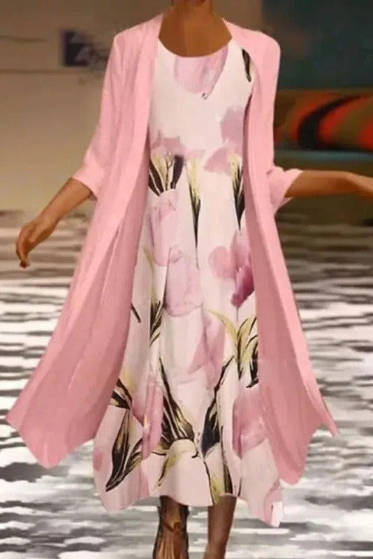 Elegant women's floral two-piece layered midi dress, perfect for summer and spring daytime wear.