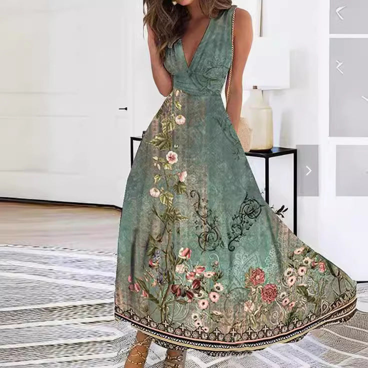 Sleeveless floral print A-line maxi dress with a V-neck, offering elegant spring/summer fashion for women.