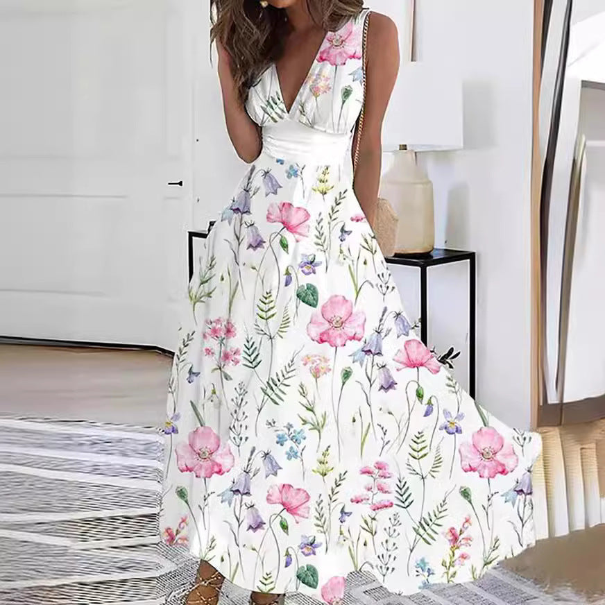 Stylish V-neck floral maxi dress for women, an elegant A-line design ideal for wedding guests & summer party wear.
