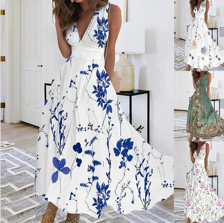 Women's floral print V-neck A-line maxi dress, a chic and comfortable choice for wedding guest attire.