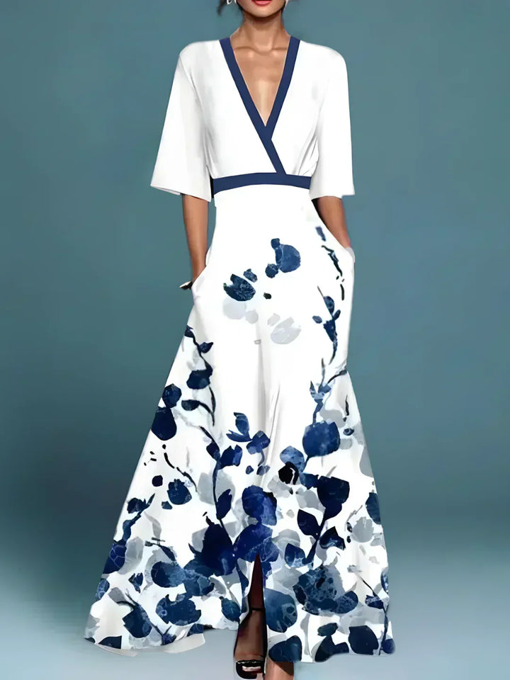Stylish women's V-neck floral dress featuring a flattering silhouette, ideal for various occasions from casual to party.