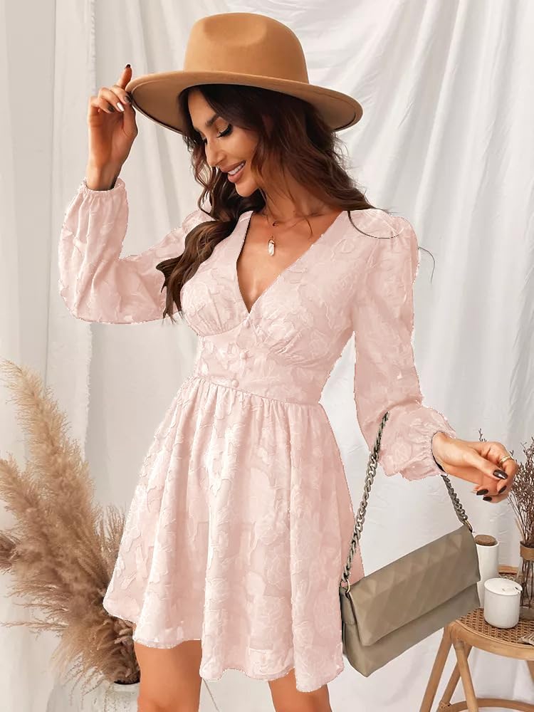 Sophisticated women's floral V-neck long sleeve cocktail dress, versatile for elegant spring & summer events.