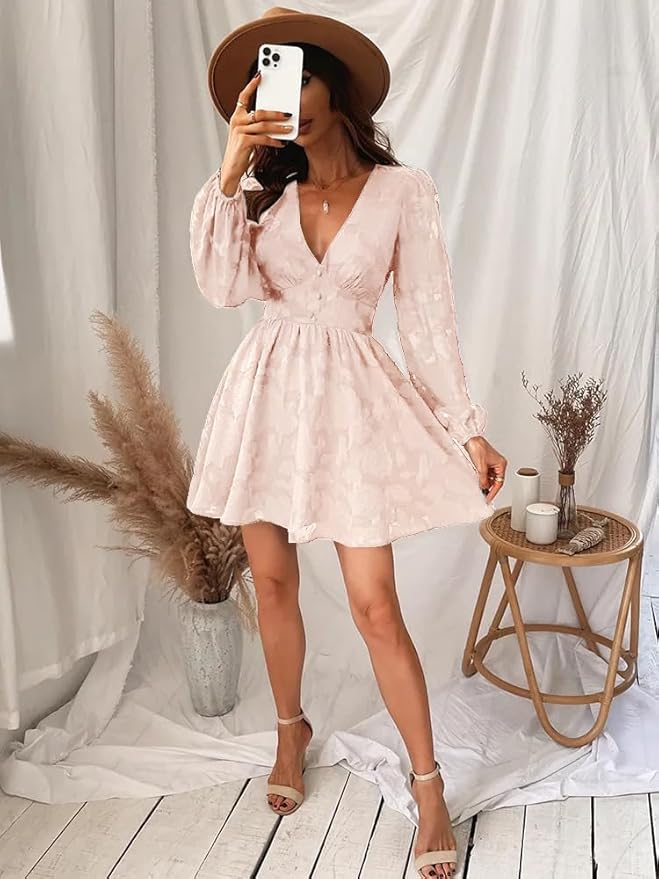 Women's elegant floral V-neck long sleeve dress, a perfect blend of spring fashion and party wear.