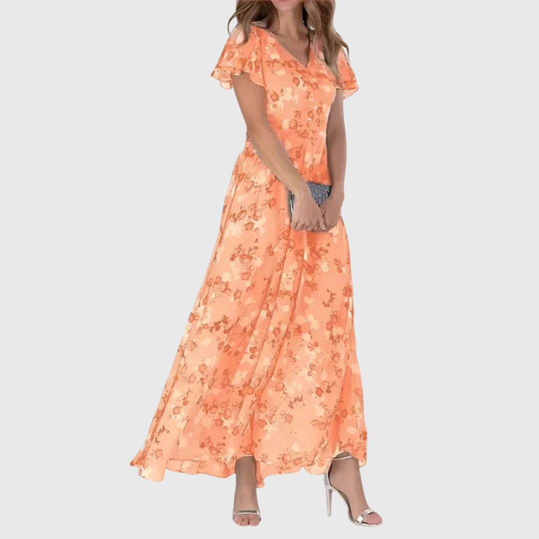 Elegant women's floral V-neck maxi dress, perfect for summer parties or daytime wear. Flowy, comfortable style.