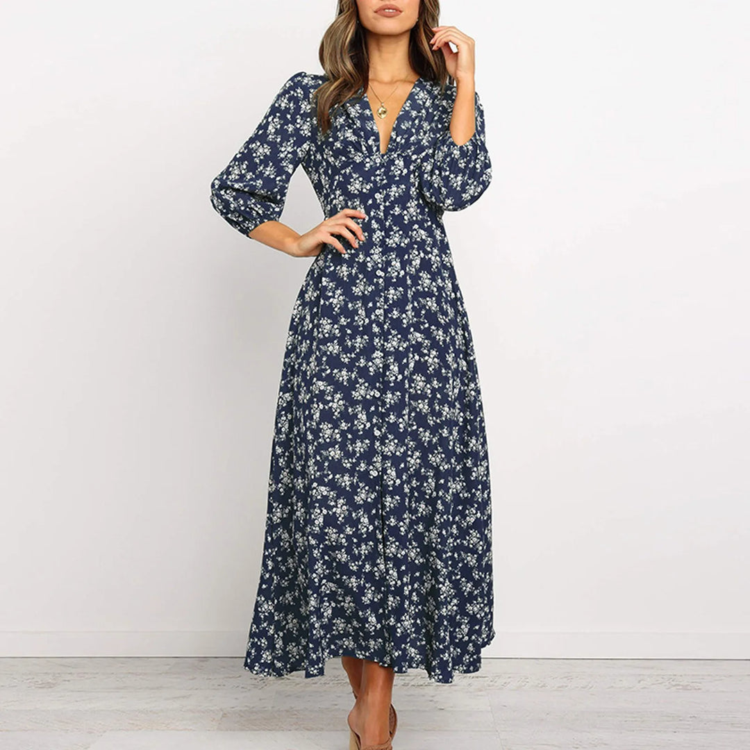Elegant women's floral V-neck maxi dress. Perfect for stylish summer events, casual wear & versatile fashion.
