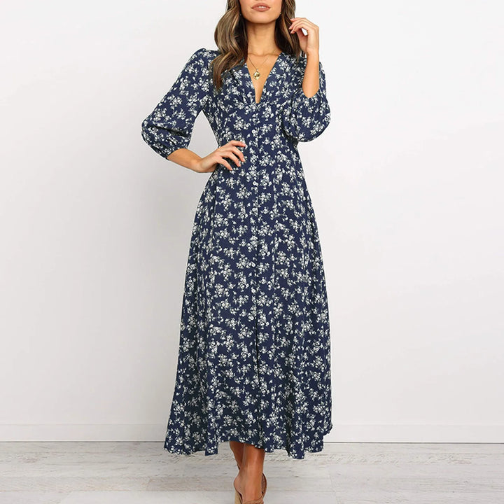 Elegant women's floral V-neck maxi dress. Perfect for stylish summer events, casual wear & versatile fashion.