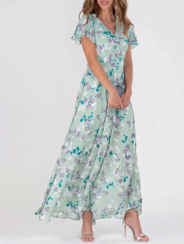 Stylish floral print maxi dress for women, with a flattering V-neck, ideal for elegant summer wear.