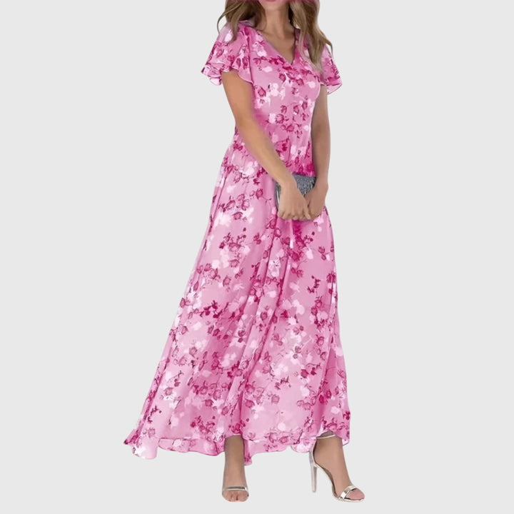Comfortable women's elegant V-neck floral maxi dress. Effortless summer style, suitable for various occasions.