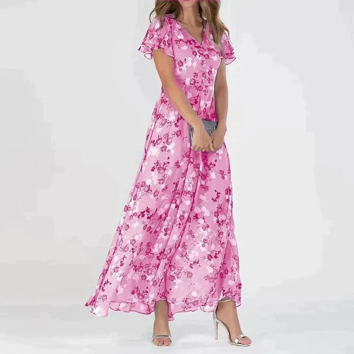 Elegant women's summer maxi dress featuring a chic floral pattern and flattering V-neck design.