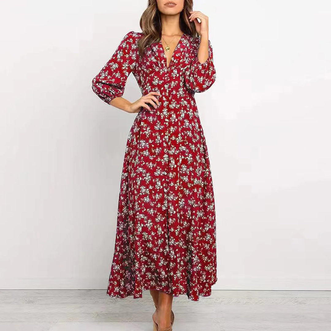 Versatile floral V-neck maxi dress. Elegant women's summer dress for casual comfort or chic resort wear.