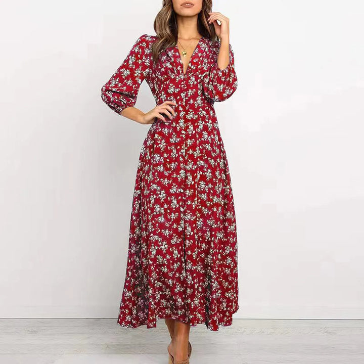 Versatile floral V-neck maxi dress. Elegant women's summer dress for casual comfort or chic resort wear.