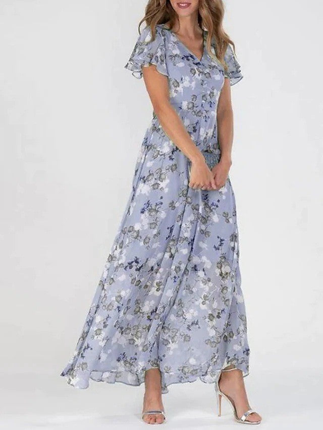 Beautiful women's floral V-neck maxi dress, a perfect choice for sophisticated summer fashion.