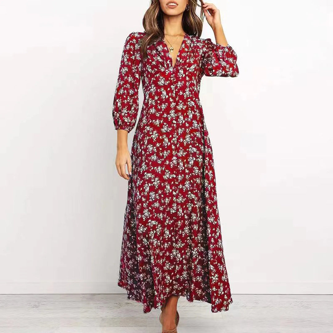 Women's elegant floral maxi dress with V-neck. Beautiful summer fashion, comfortable for casual or dressier looks.