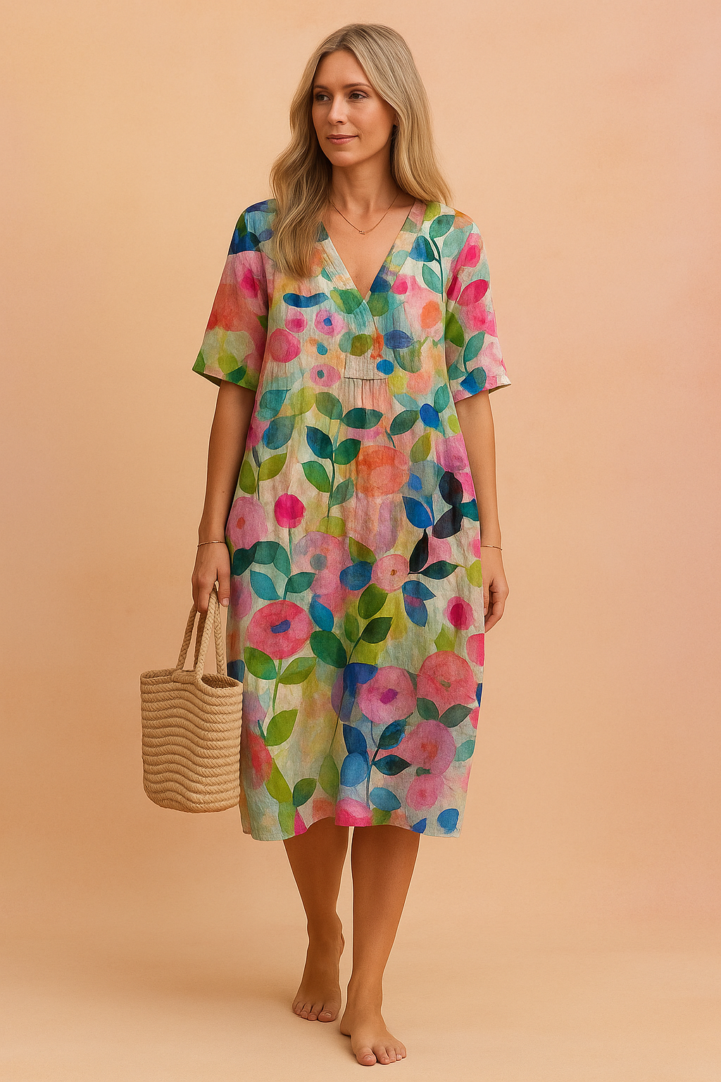 Elegant women's floral V-neck midi dress, perfect for summer. Comfortable, versatile, and stylish casual fashion.