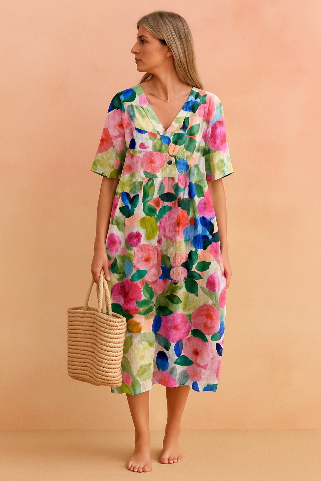 Beautiful women's summer floral V-neck midi dress. Feminine, comfortable, and versatile for elegant casual wear.