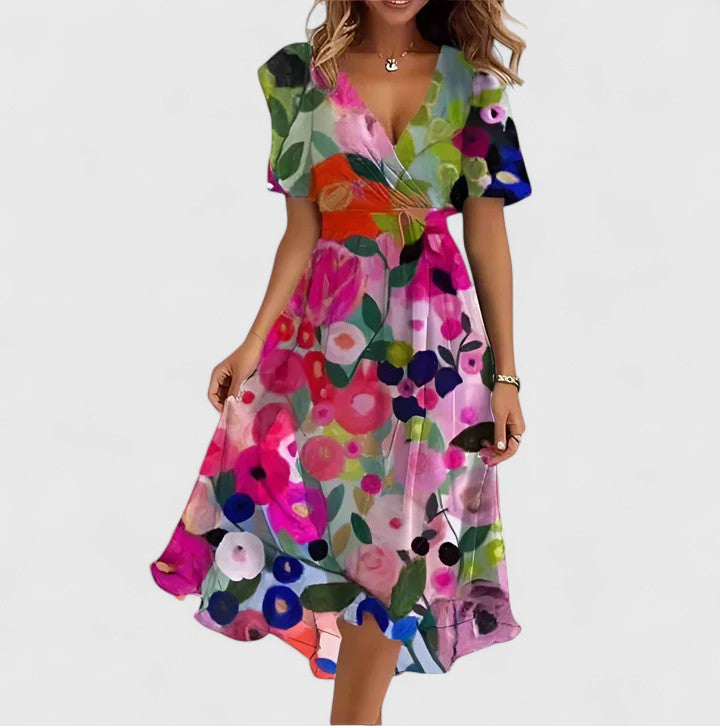 Woman wearing a flowy floral V-neck midi dress, ideal for an elegant summer daytime or casual party look.