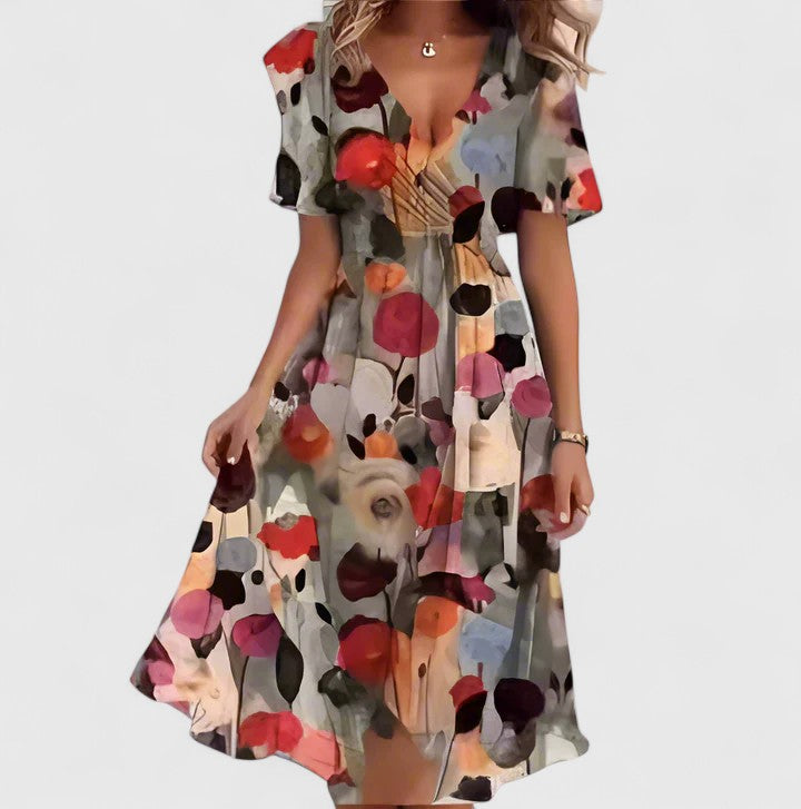 Stylish women's floral V-neck midi dress, an elegant and comfortable choice for summer casual or party wear.