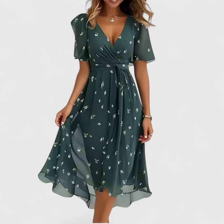 Versatile women's floral V-neck midi dress, offering casual comfort and elegant style for summer daytime events.