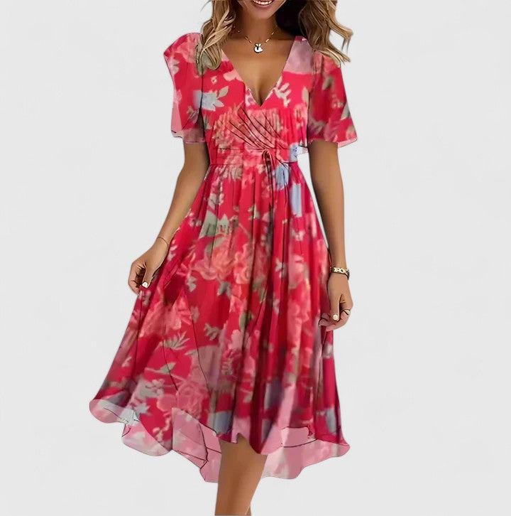 Summer-ready women's elegant floral V-neck midi dress, designed for a flowy fit and comfortable daytime wear.