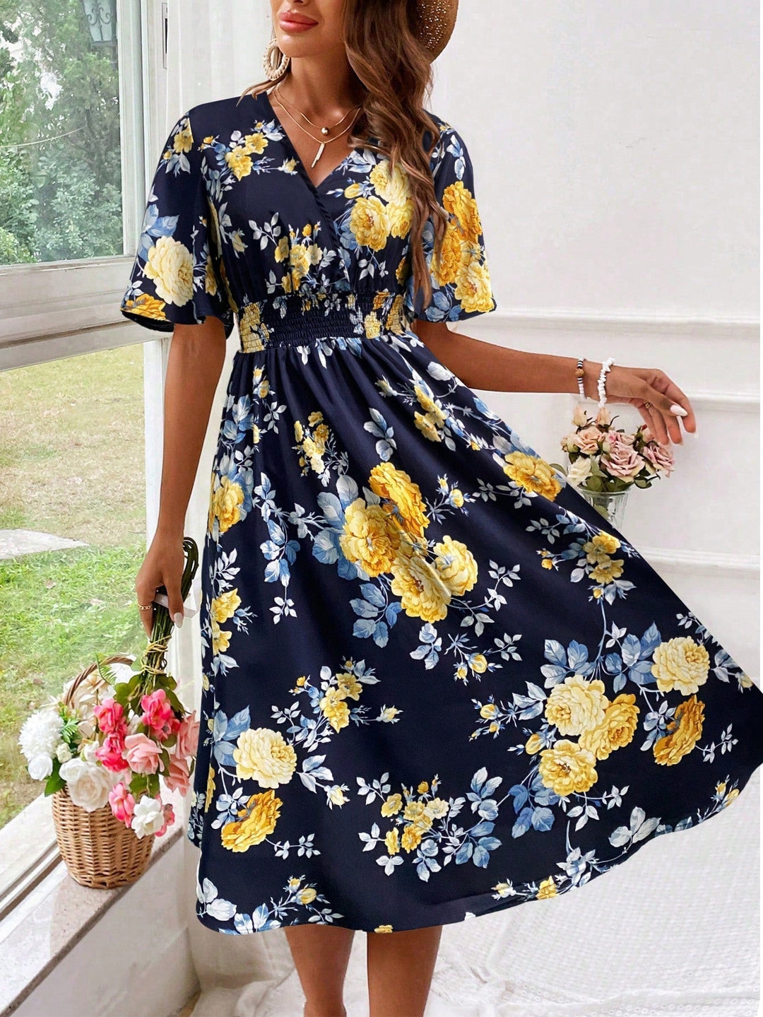 Elegant women's floral V-neck midi dress, a comfortable, flowy summer/spring dress for casual or party wear.
