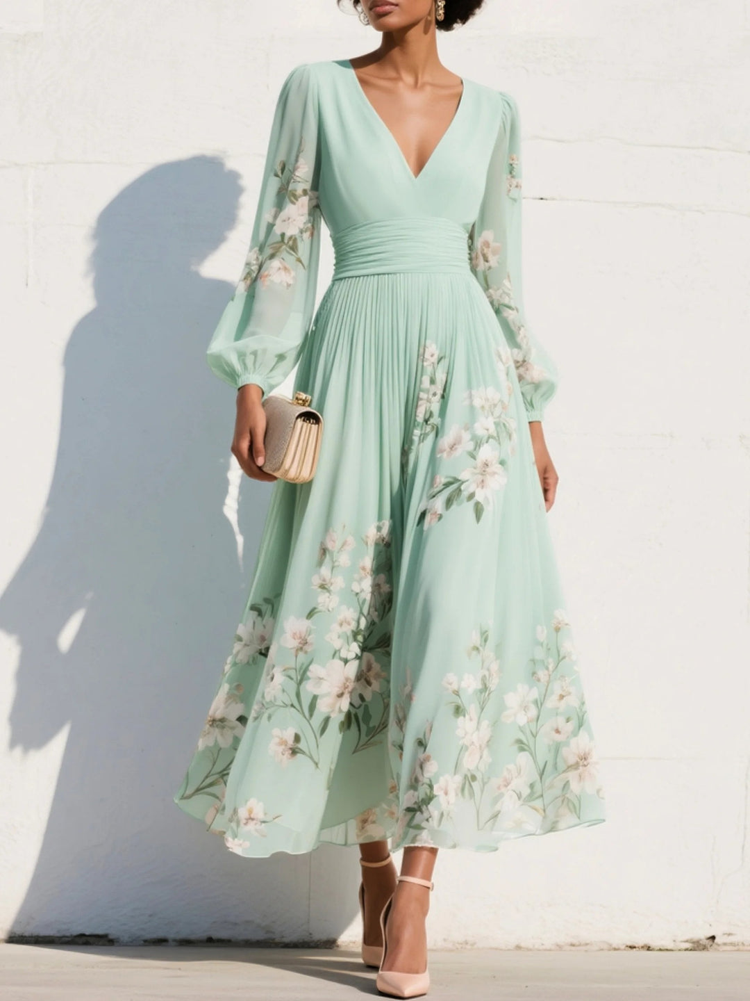 Elegant women's floral V-neck midi dress with balloon sleeves, perfect for a wedding guest or summer party.