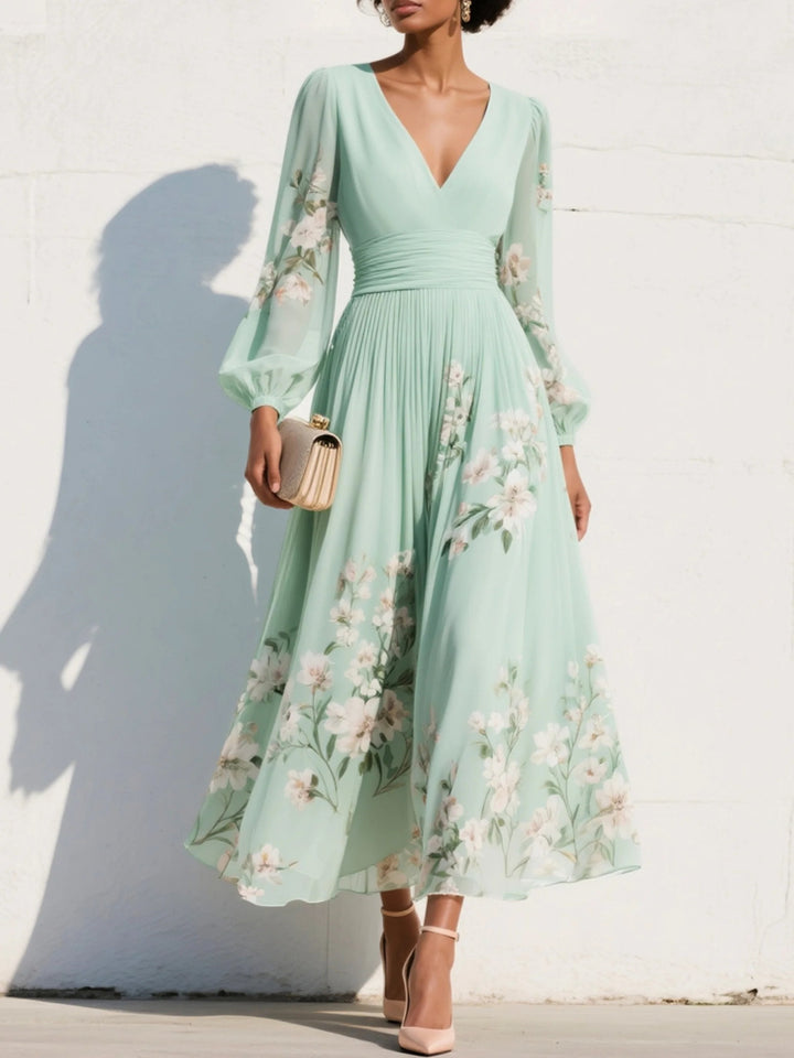 Elegant women's floral V-neck midi dress with balloon sleeves, perfect for a wedding guest or summer party.