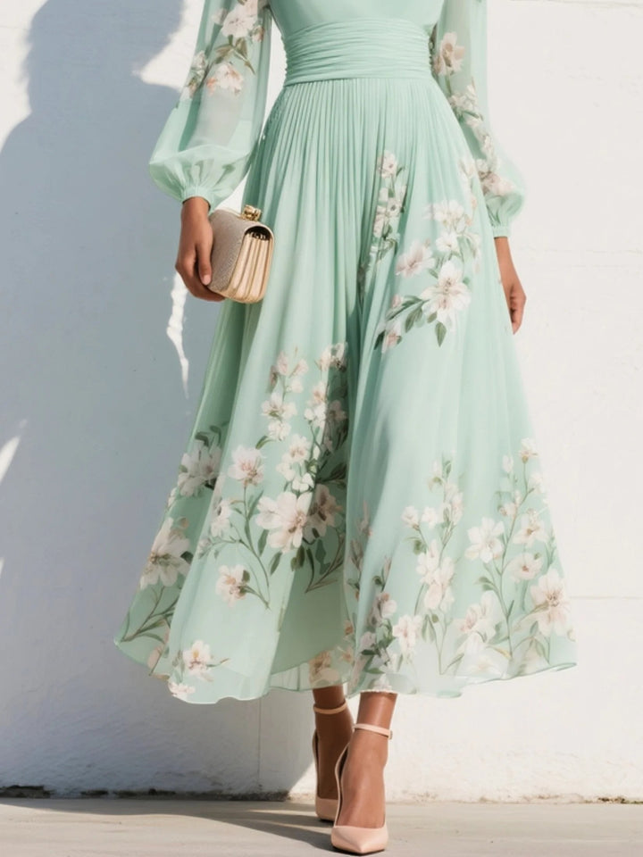 Summer occasion wear: women's floral midi dress, V-neck, elegant balloon sleeves. Perfect party dress.