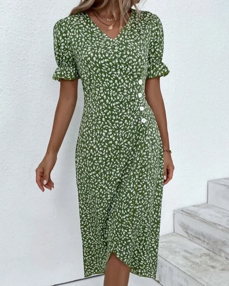 Elegant women's floral V-neck wrap midi dress, perfect for summer occasions. Versatile long sleeve design.