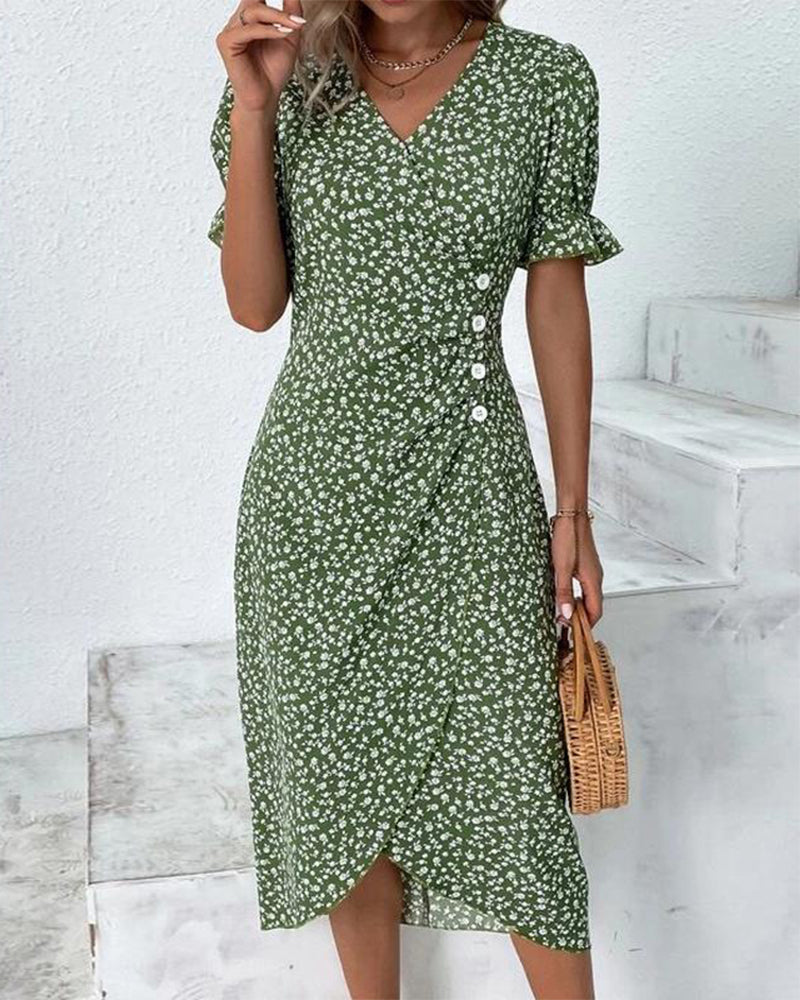 Side view of women's elegant floral V-neck wrap midi dress, highlighting the flowy long sleeve wrap style.