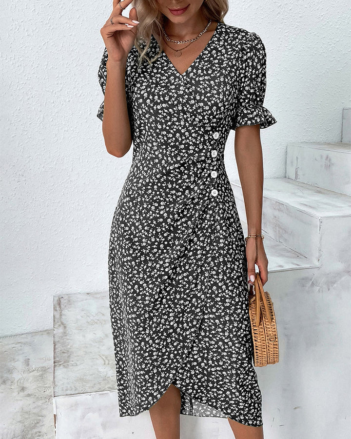 Lightweight floral V-neck wrap midi dress, elegant long sleeve design ideal for women's summer occasions.