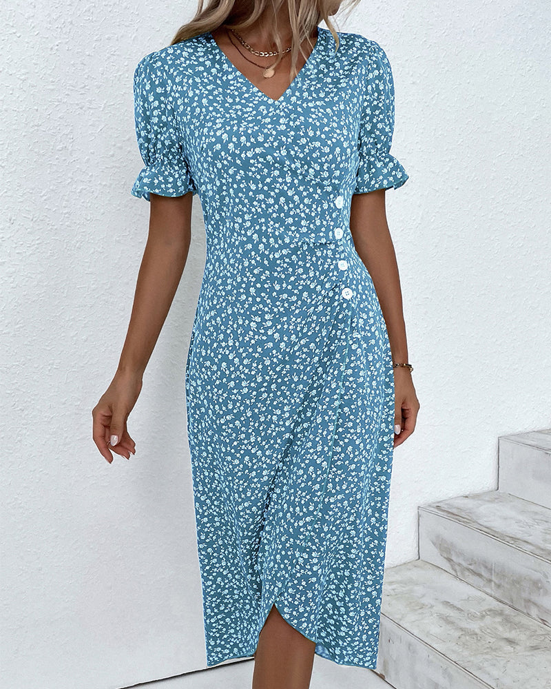 Chic V-neck floral wrap midi dress for women, offering an elegant look. Versatile long sleeve summer outfit.