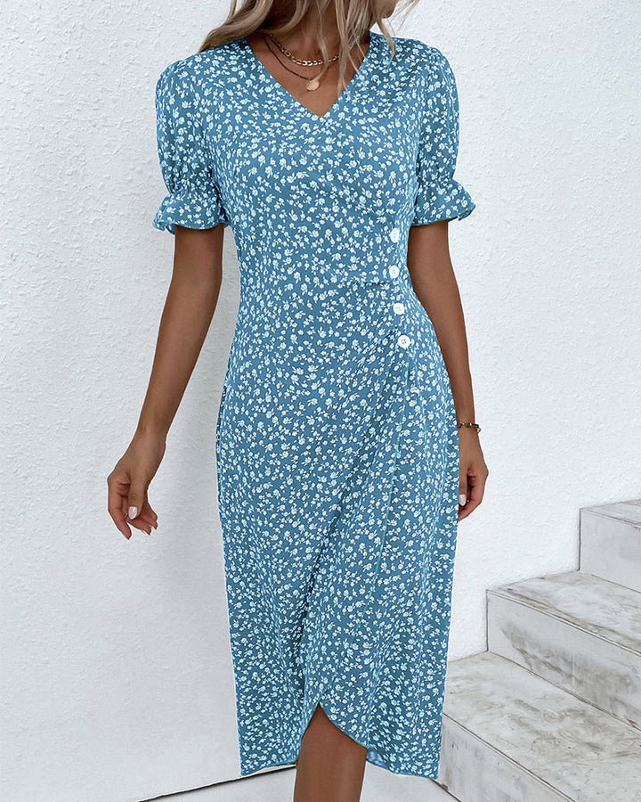 Chic V-neck floral wrap midi dress for women, offering an elegant look. Versatile long sleeve summer outfit.