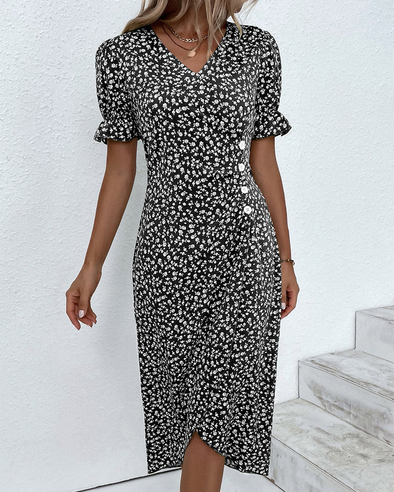 Elegant women's floral V-neck wrap midi dress, perfect for sophisticated summer events. Long sleeve style.