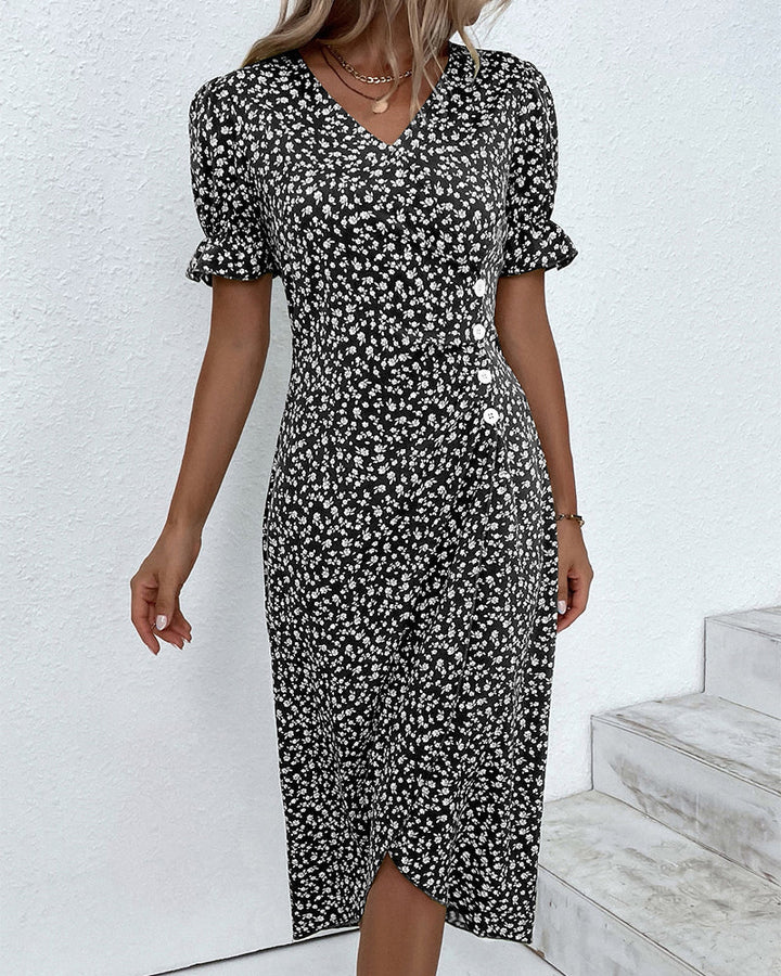 Elegant women's floral V-neck wrap midi dress, perfect for sophisticated summer events. Long sleeve style.