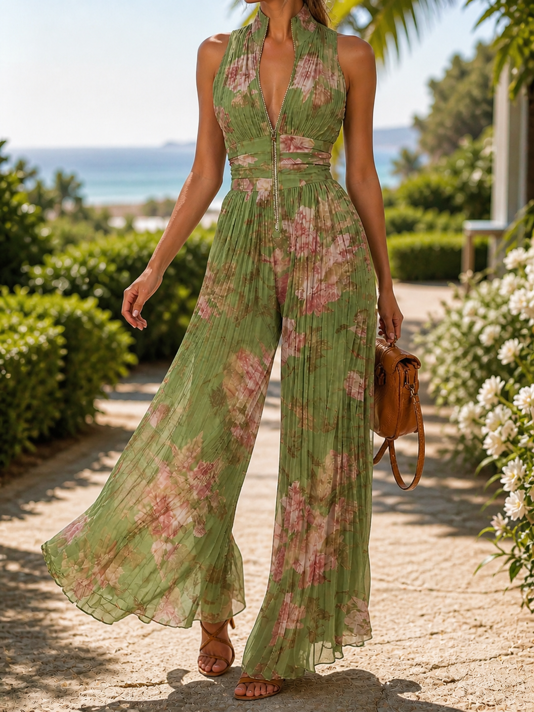 Elegant women's floral wide-leg V-neck jumpsuit, perfect for party wear or spring events.