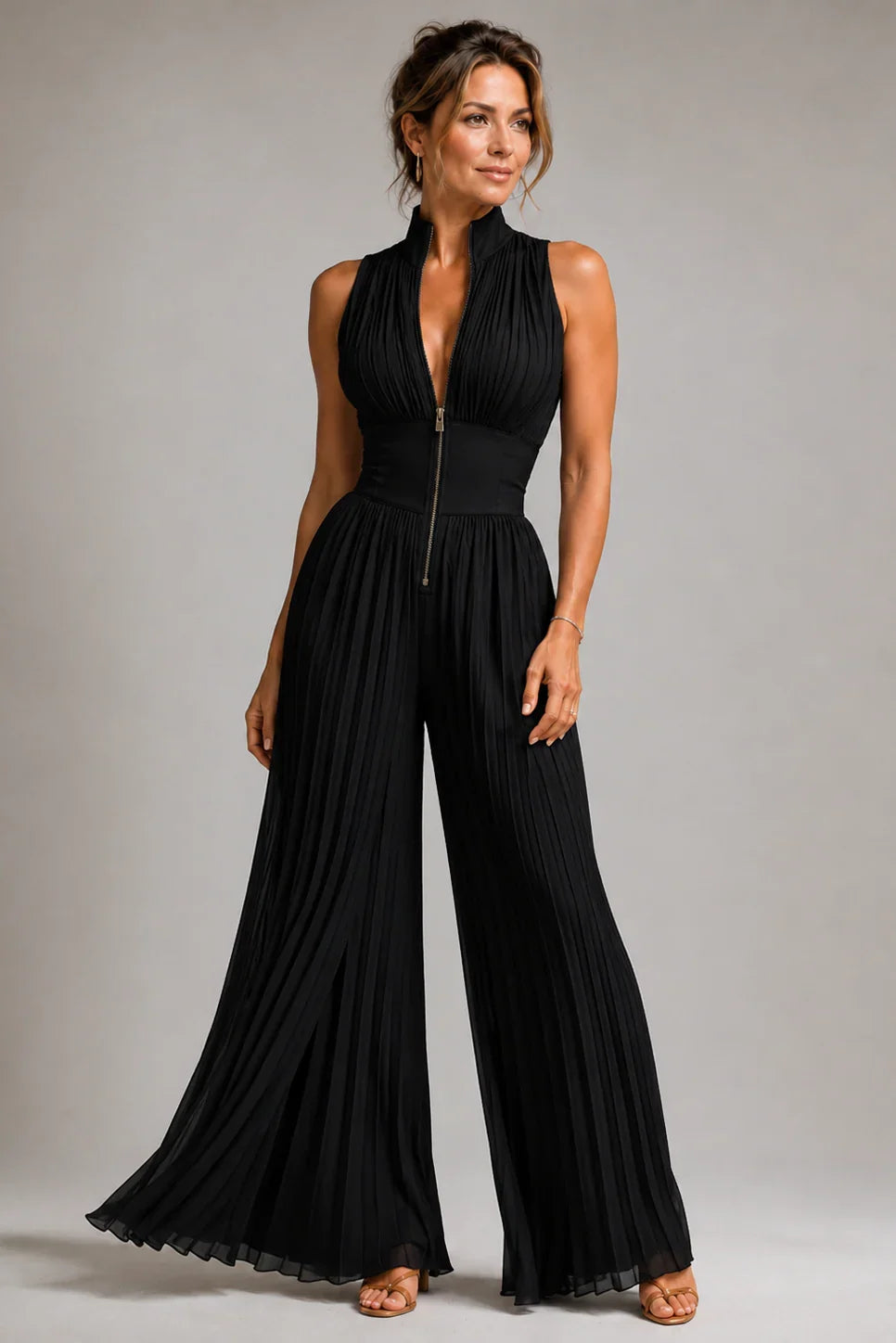 Elegant women's V-neck floral wide-leg jumpsuit, a comfortable one-piece for smart casual occasions.
