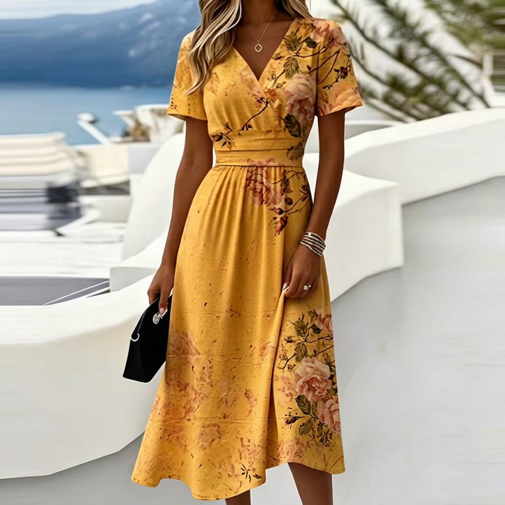 Beautiful women's floral wrap V-neck midi dress. Short sleeve spring/summer style, perfect elegant party/vacation dress.