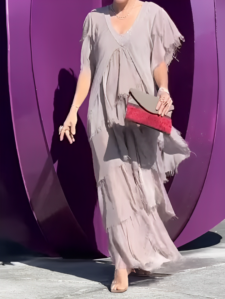 Chic women's draped maxi dress, gracefully flowing, ideal for formal wear & parties.