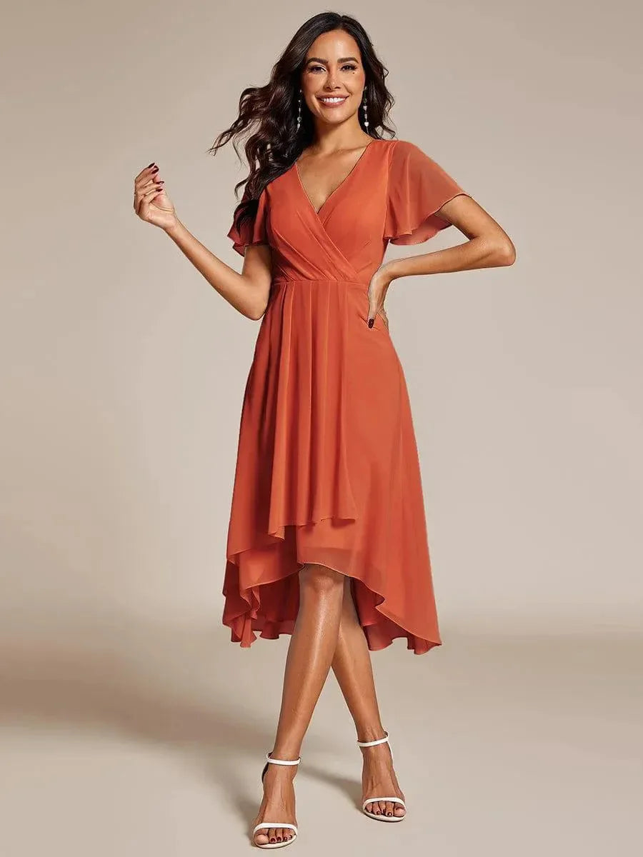 Flowing women's A-line midi dress, V-neck, flutter sleeves, moves gracefully, perfect for elegant summer events.