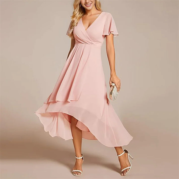 Chic A-line V-neck midi dress, elegant flutter sleeves & high-low hem, ideal for summer parties & casual events.