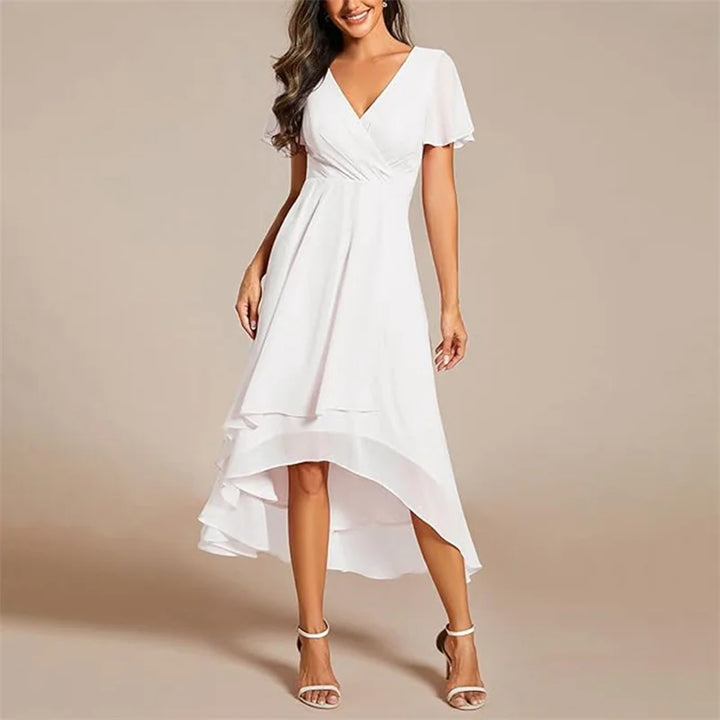 Women's V-neck midi dress with graceful flutter sleeves, flowing A-line design, comfortable & elegant for any event.