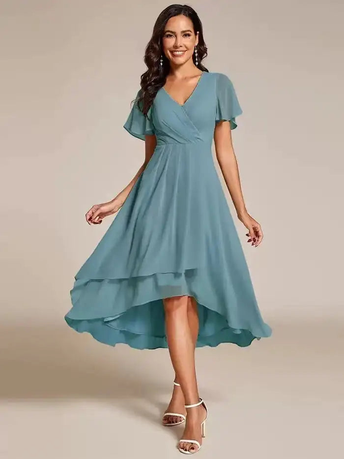 Versatile women's elegant midi dress, A-line cut, V-neck, flutter sleeves, transitions from day to evening effortlessly.