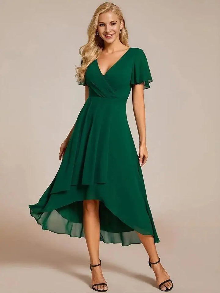 Light & airy summer midi dress for women, flowing A-line, V-neck, flutter sleeves, comfortable for warm days.
