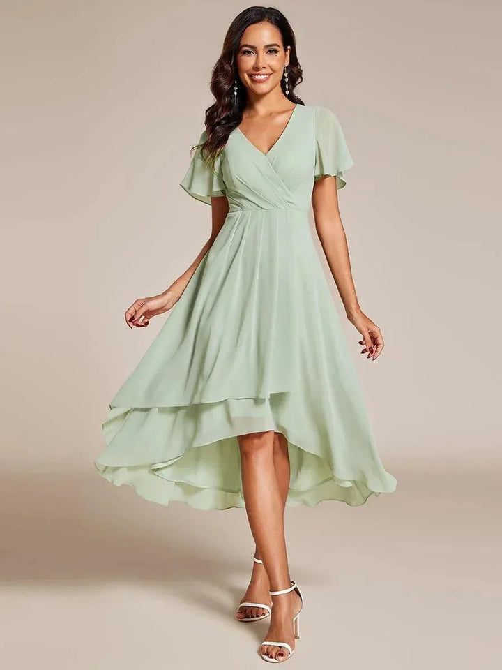 Elegant party midi dress for women, flowing silhouette, V-neck, flutter sleeves, high-low hem, perfect for celebrations.