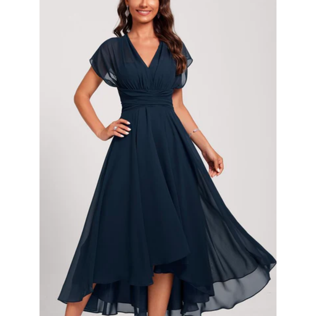 Elegant women's flowing V-neck evening gown, perfect for special events, weddings, or galas. Sophisticated long formal dress.