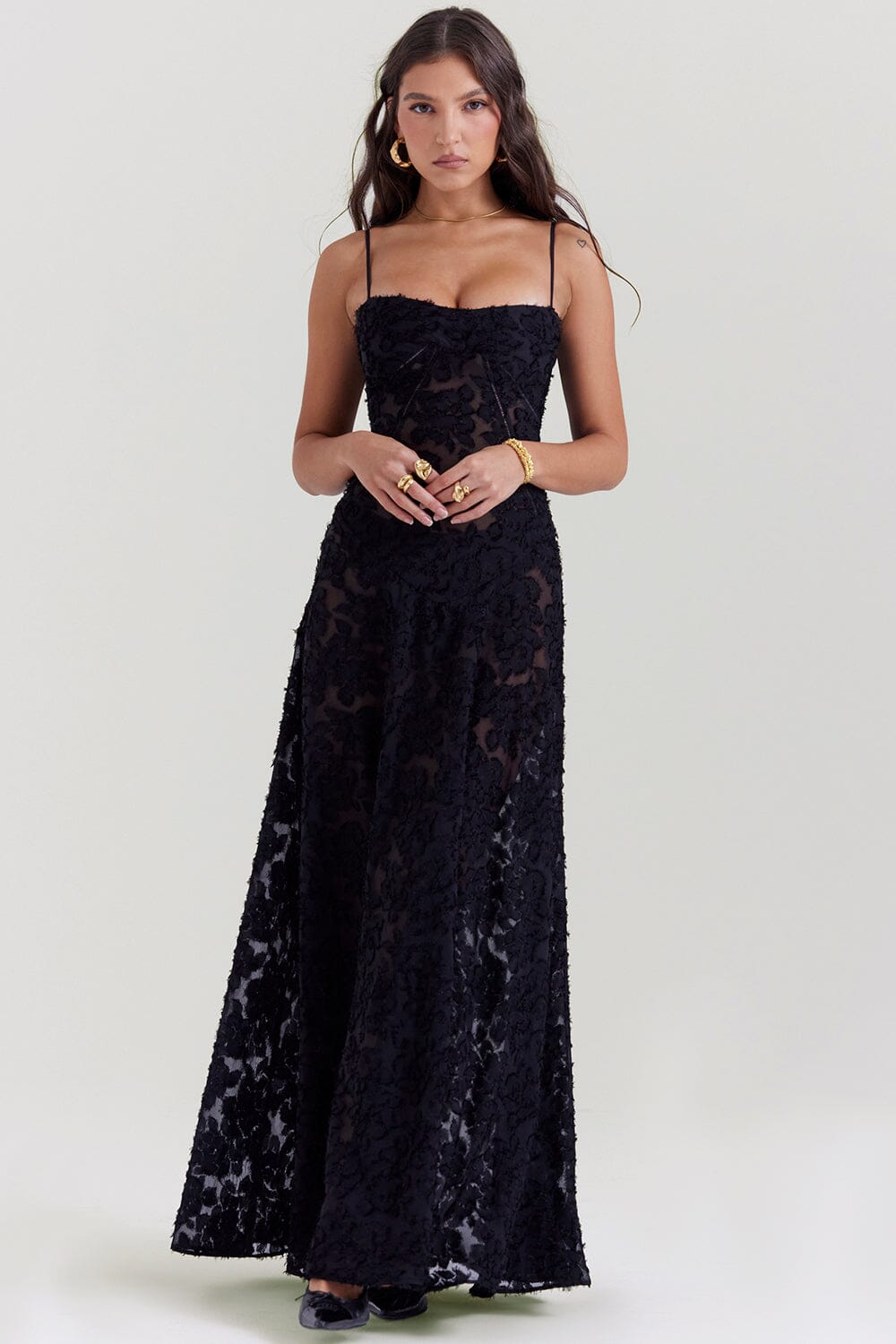 Front view: Women's elegant flowy maxi dress, full-length, perfect for any occasion, summer to evening gown.