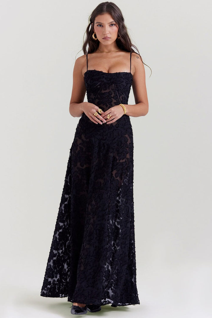 Front view: Women's elegant flowy maxi dress, full-length, perfect for any occasion, summer to evening gown.